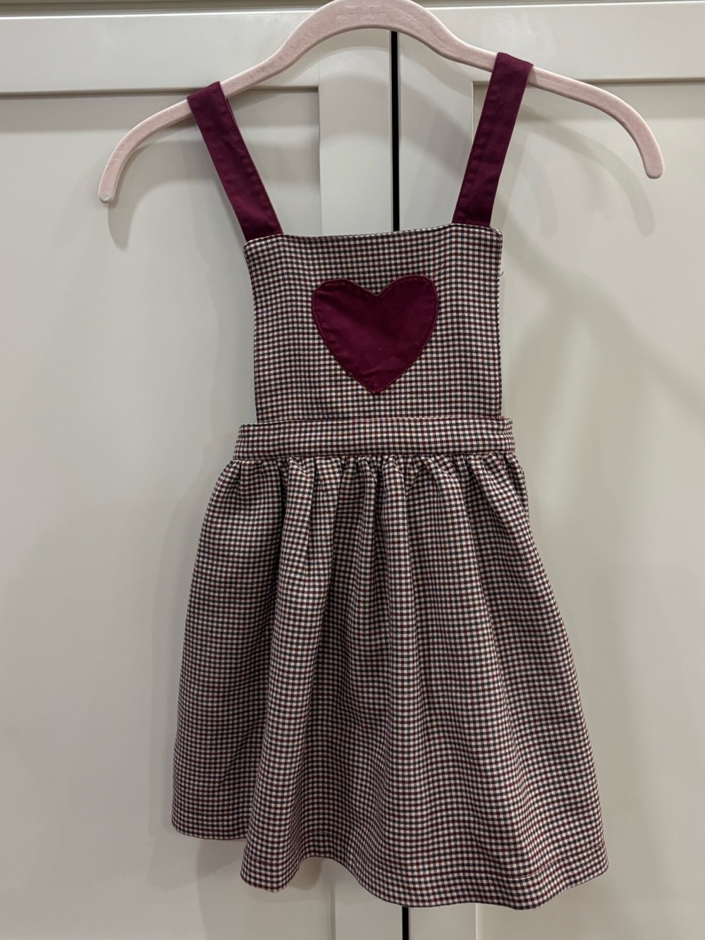 Girls Burgundy Heart Pinafore Dress with Gingham Skirt